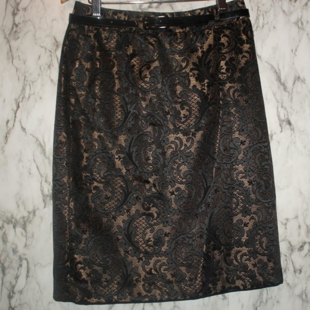 Wortington Skirt Size 4 Black & Gold Jacquard‎ Brocade Embroidered Damask